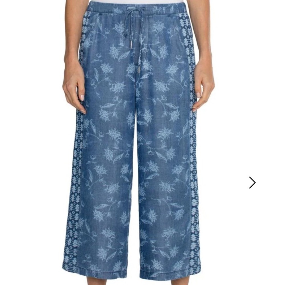 Liverpool Eco Pull-On Wide Leg Crop Trouser Floral‎ Print Indigo S New With Tags